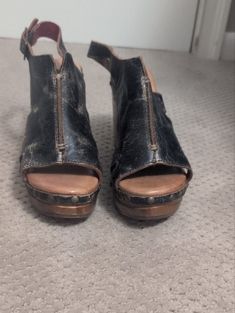 Bed Stu Distressed Black Leather Studded Wedge Sandals Size 7 - Picture 2 of 6